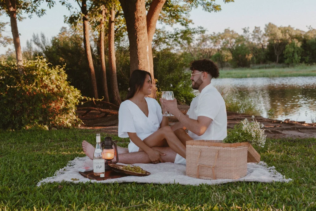 Couple having a romantic picnic by a lakeside, smiling and clinking glasses on a blanket.